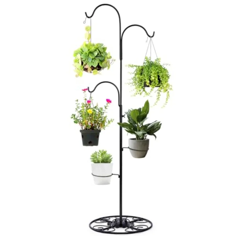 

34-55 Inch Adjustable Black Iron Shepherd Hook with Base Indoor Outdoor Hanging Plant Stand Wind Chime Stand Bird Feeder Flower