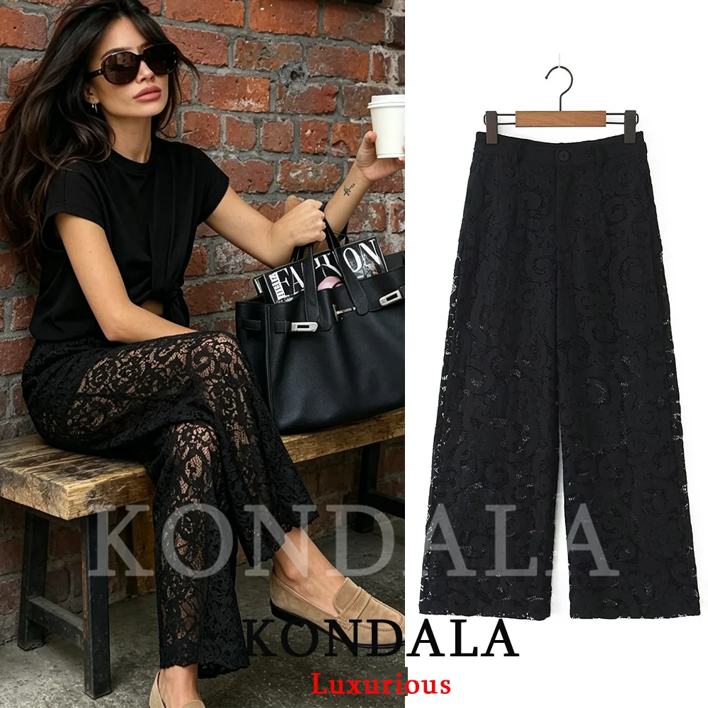 

KONDALA Vintage Casual Chic Women Long Pants Black Lace Zipper Loose Pants Fashion 2026 Spring Summer Holiday Night Out Pants