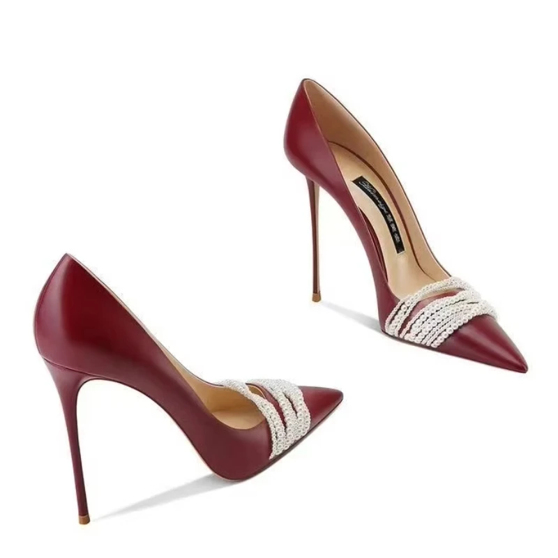

Винно-красные женские туфли на высоком каблуке-шпильке из натуральной кожи с жемчугом, новый стиль, весна/лето 202, весна/лето