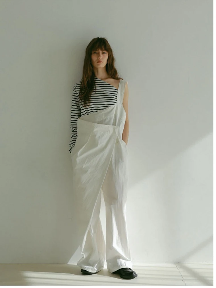 

Asymmetric Street Style Women's Casual Pants High Waist Strap Design Loose Fit Overlap Button Pleats Single Side Strap Trousers