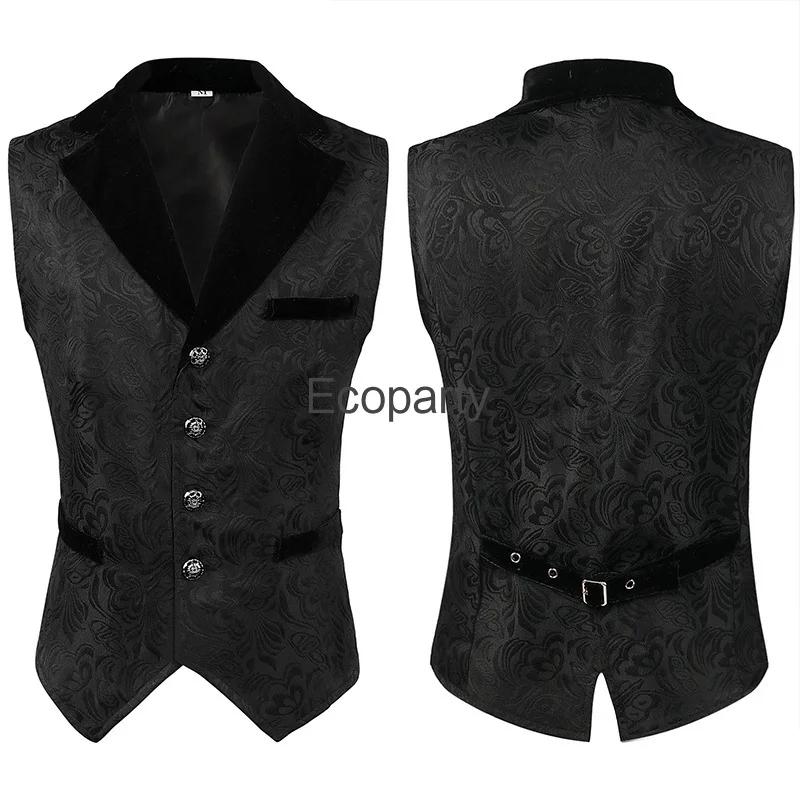 New Men\'s Medieval Vintage Jacquard Vest Steampunk Gothic Waistcoat Blac Single Breasted Renaissance Costume Male