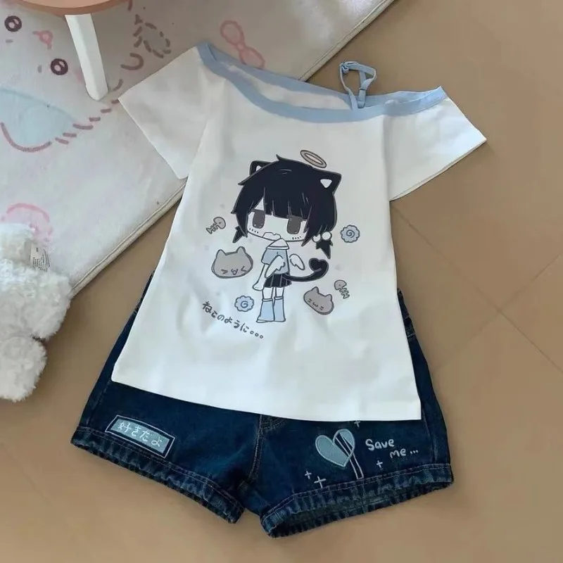 Japanese Y2K Print Skew Collar T-Shirts Summer Off Shoulder Short Sleeve Tee Shirt New Loose All-Match Top for Women - view 5