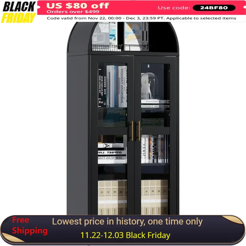 Display Cabinet with Glass Doors Freestanding Displays Cabinet Adjustable Shelves, Display Cabinets