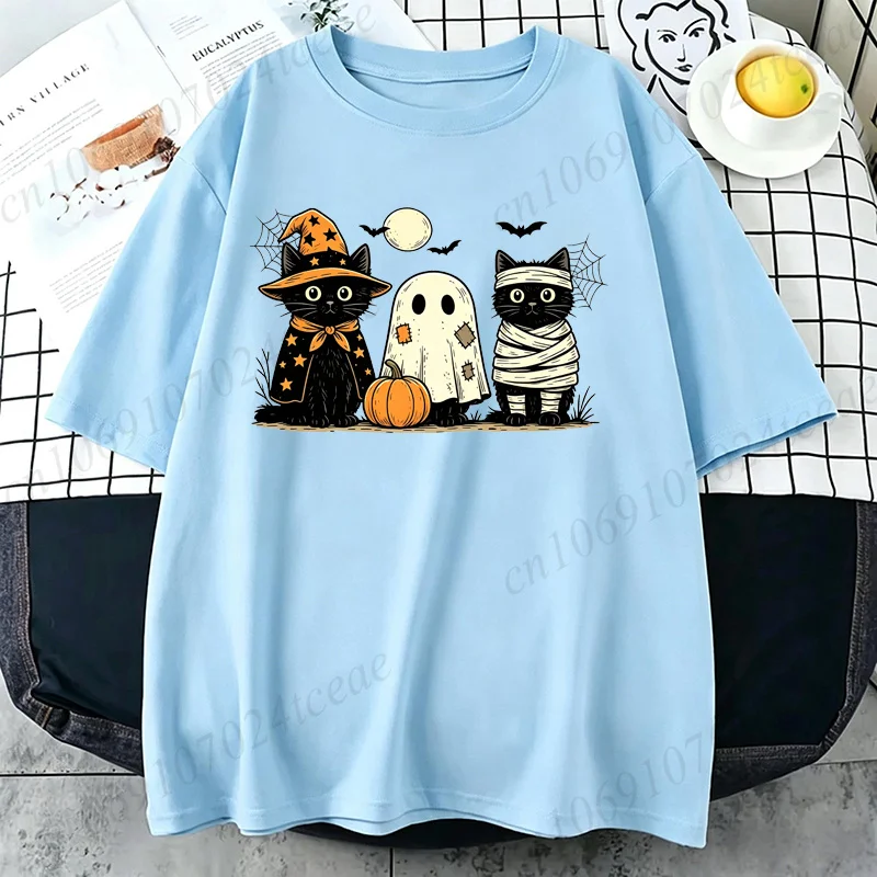 Schwarze Katze Kürbis T-Shirt Ghots Gothic Herbst Katzen T-Shirt Halloween Grusel-Saison T-Shirt Horror Party T-Shirts Unisex Kurzarm – Detail 4