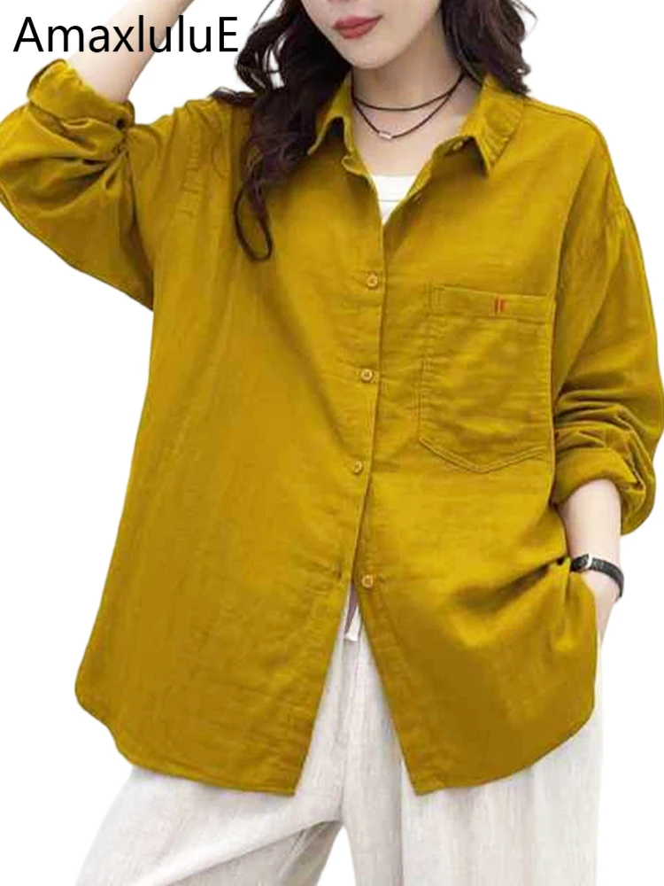 

Amax LuluE 2026 повседневные классические хлопковые льняные рубашки женские корейский дизайн модные топы с вышивкой женские винтажные элегантные блузки