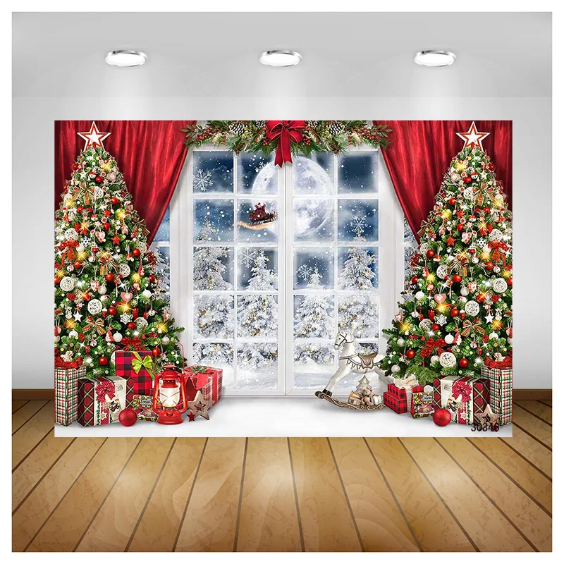 

Vinyl Custom Christmas Tree Window Wreath Photography Backdrop Wooden Doors Snowman Cinema Pine New Year Background Prop ZZ-22