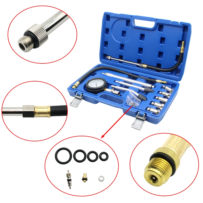 Professional AUTO TOOLS Petrol Gasoline Engine Cylinder Compression Gauge Tester Kit Cylinder Tester With M10 M12 M14 M16 M18