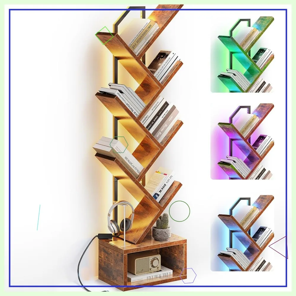 

6-Tier Narrow Floor Standing Bookcase, Vintage Steel & Wood Bookshelf with Cabinet for Living Room/Bedroom/Office