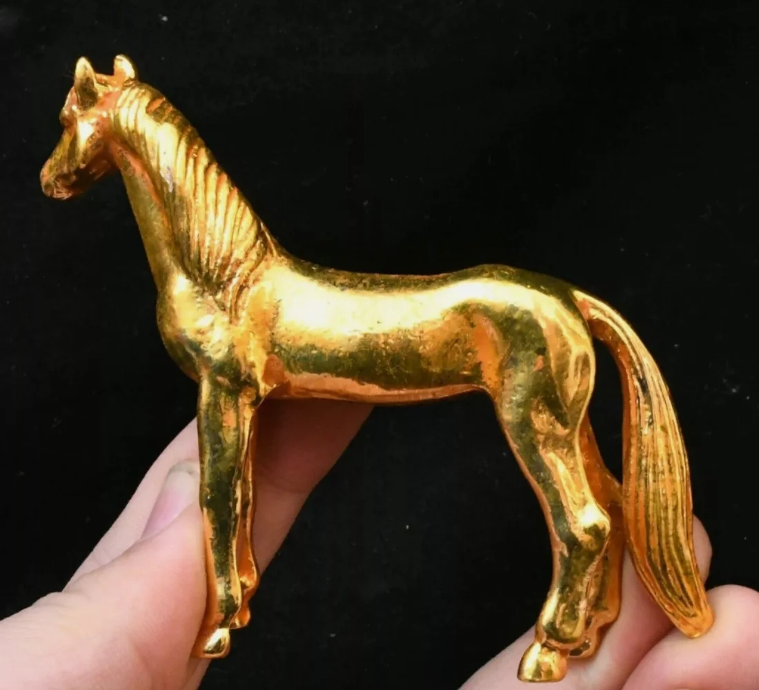 3.1''Old China Dynasty Bronze Gilt Zodiac Year Animal Horse Statue Sculpture