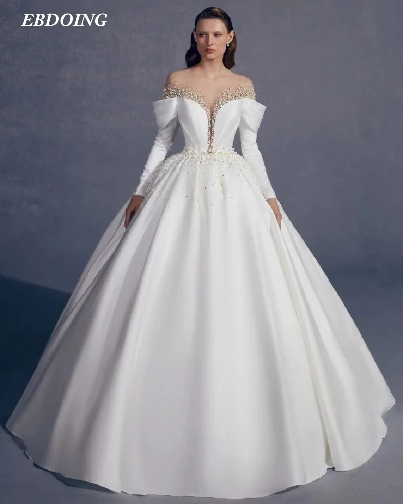 

Newest Wedding Dress A-Line Satin For Bride Sheer Neck With Beading Full Sleeves Custom Made Plus Sizes