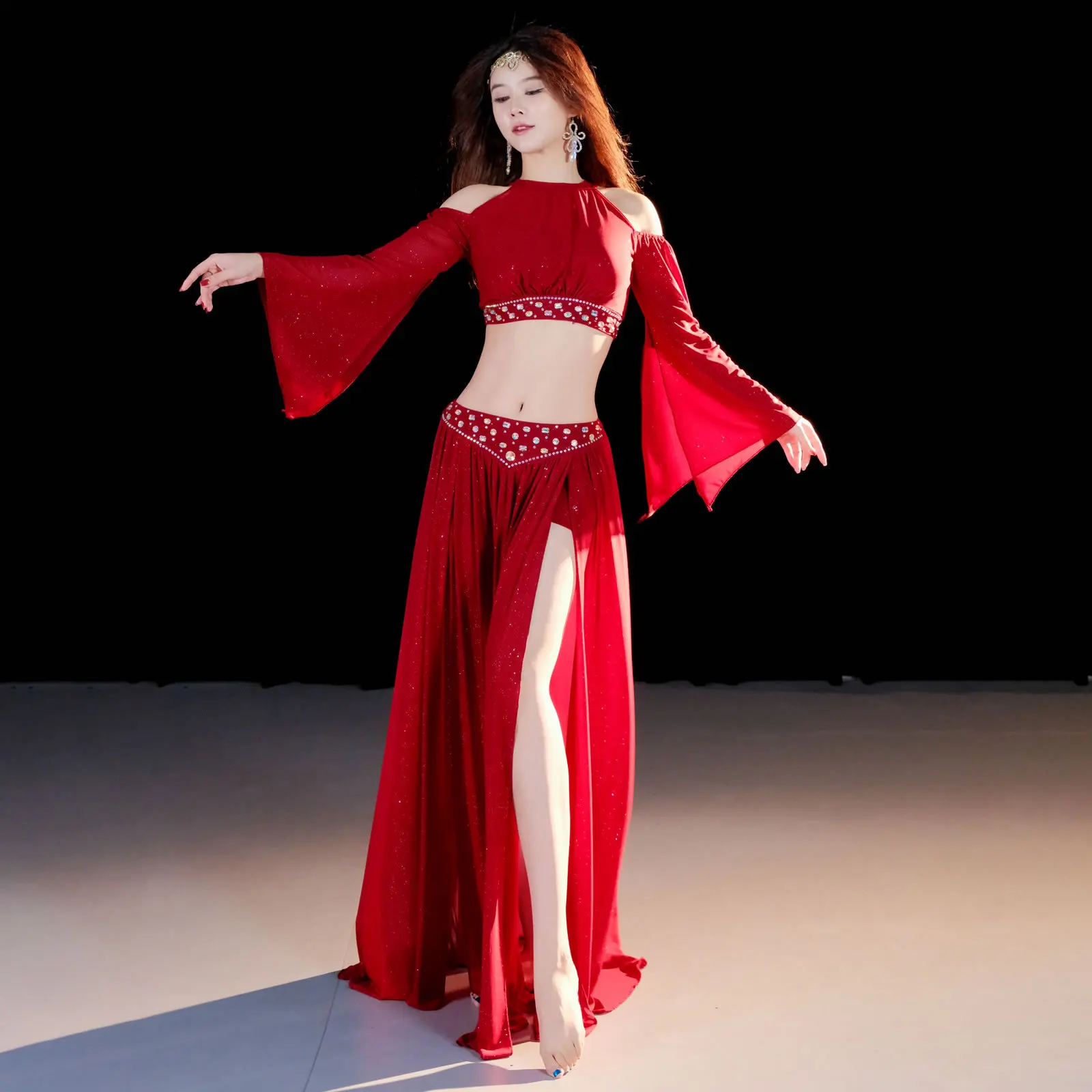 

THEEPER Women Belly Dance Costume 2PCS Off Shoulder Flare Sleeve Top High Slit Skirt Belly Dance Wear, Belly Dance Practice Suit