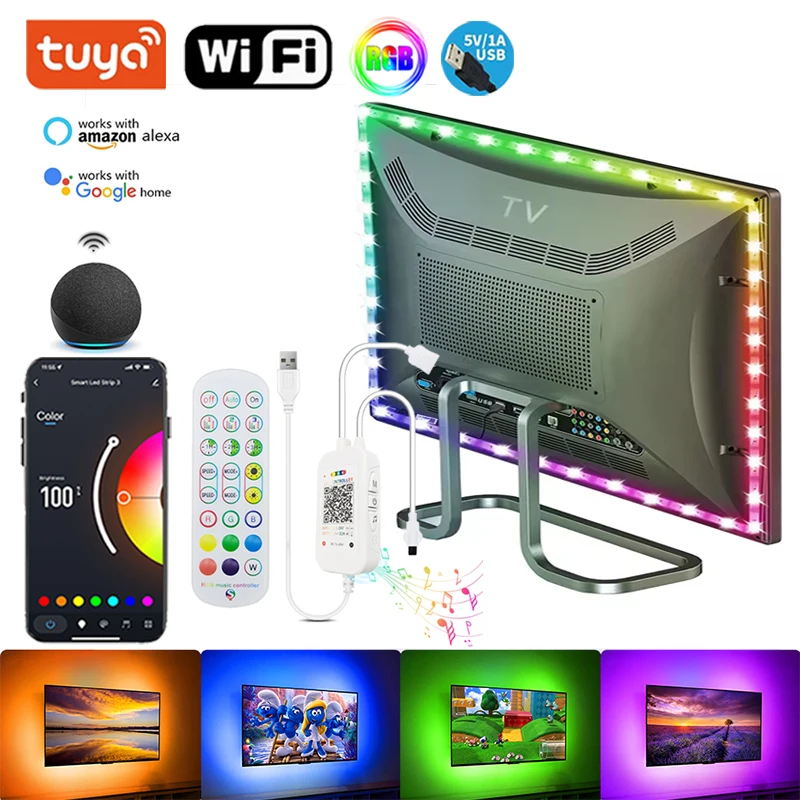 

Led Strip Lights For TV Backlight Dimmable RGB Led Tape Music Sync Alexa RGB Led Light Strips Tuya Bluetooth Wifi Usb Led Lights