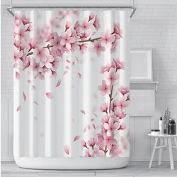 Pink Cherry Blossom Peach Blossoms Shower Curtain Set Flowers White Background Girl Bathroom Polyester Cloth Screen 12 With Hook