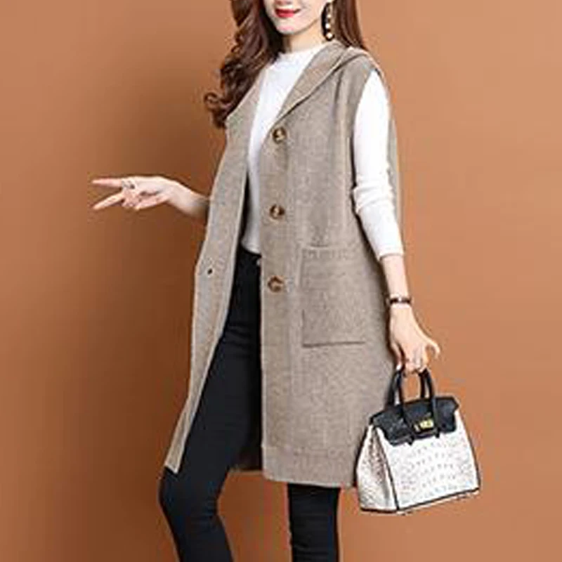 New Women Clothing Korean Fashion Oversize Hooded Sweater Vest Elegant Sleeveless Pockets Button Knitted Cardigan Long Waistcoat