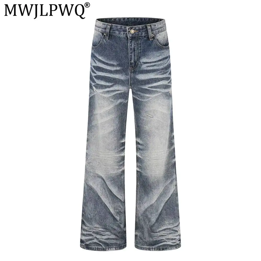 MWJLPWQ Wrinkled Distressed Vintage Denim Flared Pants Men Street Trendy Punk Ripped Washed Gradient Loose Wide-Leg Jeans 20119