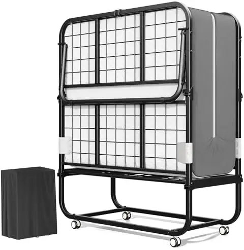 Folding Bed with 5 Inch Mattress, 75” x 38” Portable Rollaway Bed with Memory Mattress and Metal Frame for
