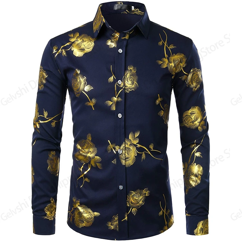 Men's Long Sleeve Shirt Gold Rose 3d Print Hawaiian Shirt Men Women Fashion Casual Button Up Casual Luxury Shirts Beach Blouse