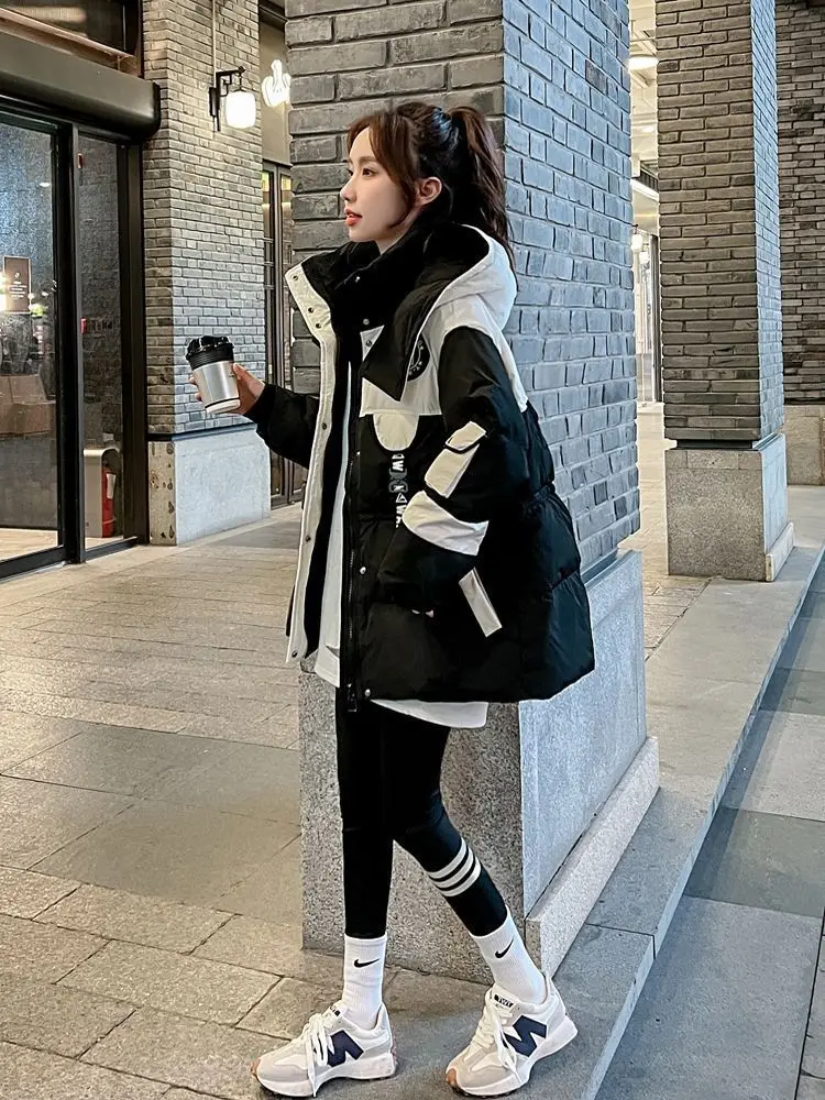 Black Medium Long Parker Cotton Jacket Women's Winter 2026 New Korean Version Loose Down Cotton Splicing Hooded Coat Warm Top
