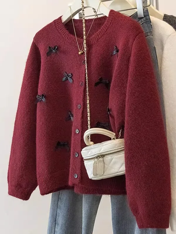 

Красный вязаный свитер больших размеров, женский осенне-зимний модный узел, украшение, корейский топ, новогодняя одежда