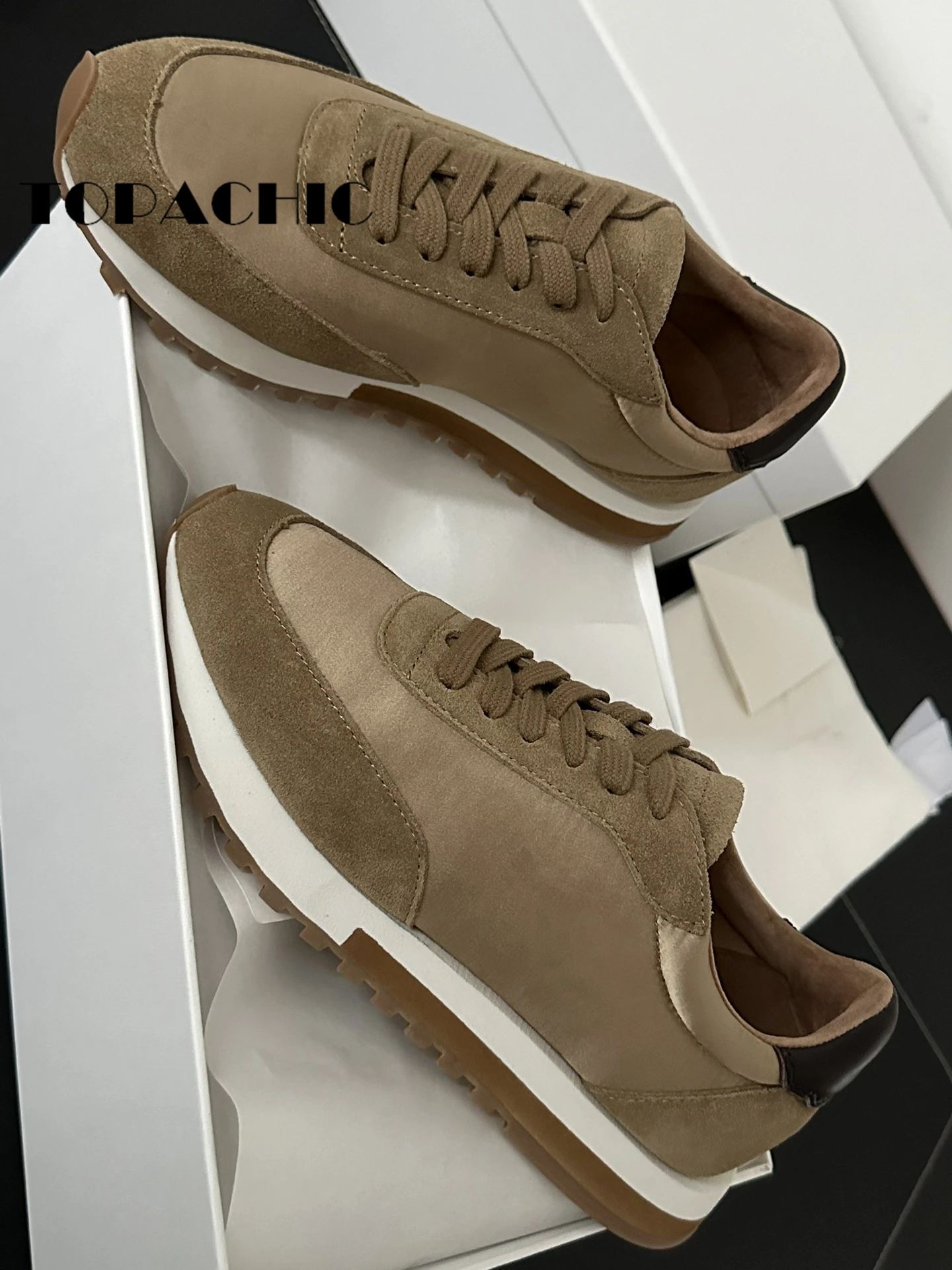 6.5 TOPACHIC Women Cow Suede Spliced Mixed Colors Breathable Sneakers Lace-up Walking Sports Comfortable Casual Shoes