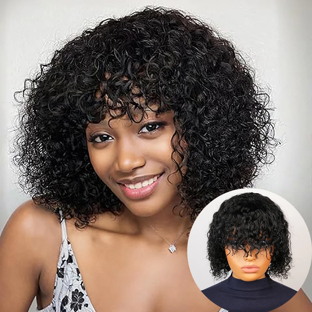 

Kinky Curly Water Wave Pixie Cut Wig Короткий парик из натуральных волос с предварительно выщипанной челкой для чернокожих женщин Парик машинной стрижки Pixie Curl