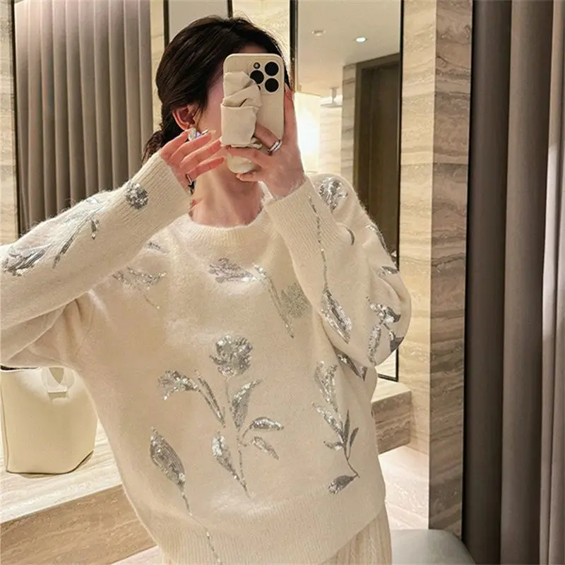 ​ ​ 詳細な花柄レーススパンコール刺繍セーターソフトニットプルオーバーレディース秋冬 ​ ​