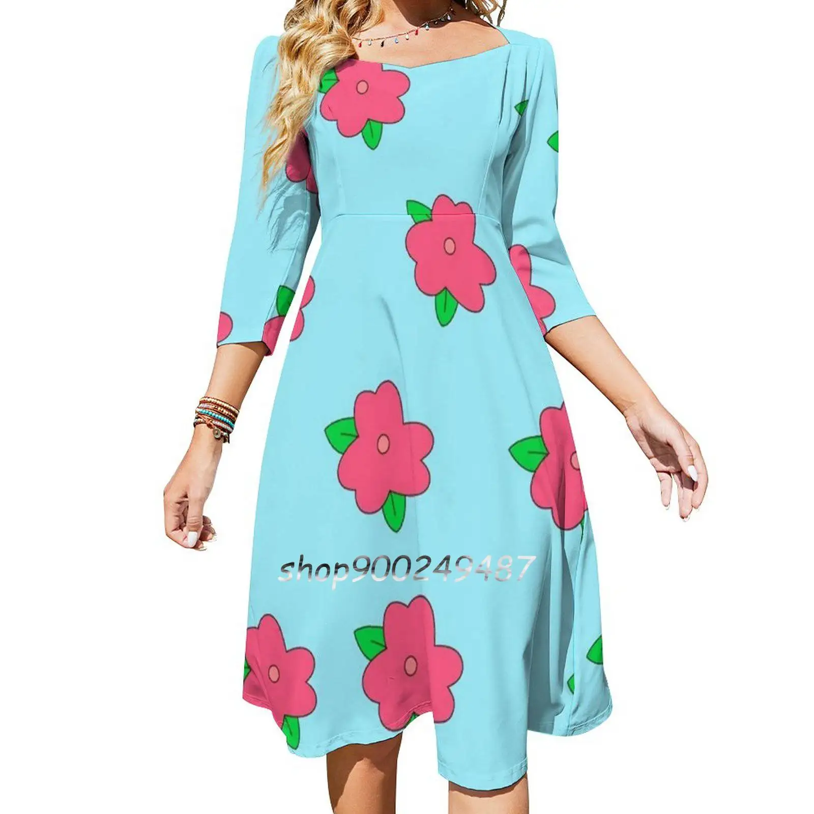 Fat Shirt Square Neck Dress Sweet Summer Dress Women Elegant Halter Print Dress Fat Homero Cartoon Nuclear Power Plant Flowers