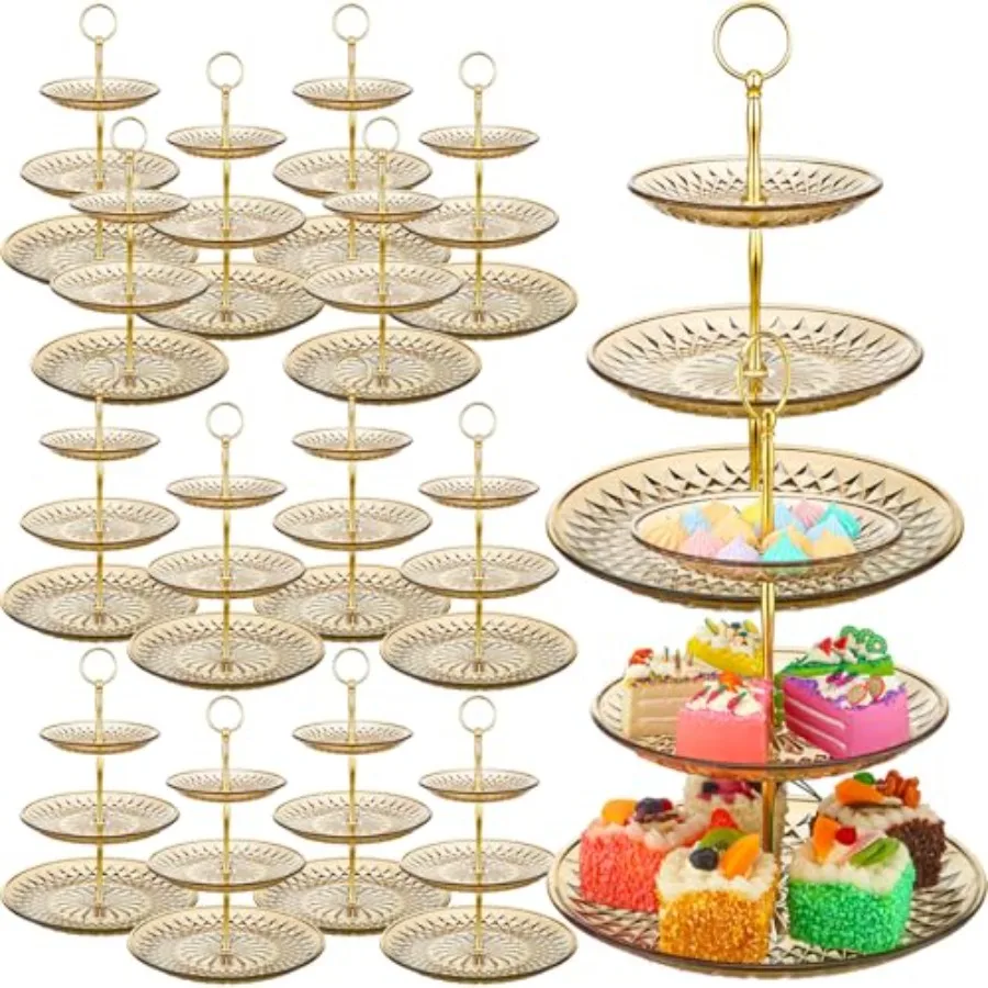 

16 Packs 3 Tier Crystal Acrylic Clear Cake Stand Bulk with Gold Metal Round Holder Acrylic Cupcake Stand Holder for Home Weddin