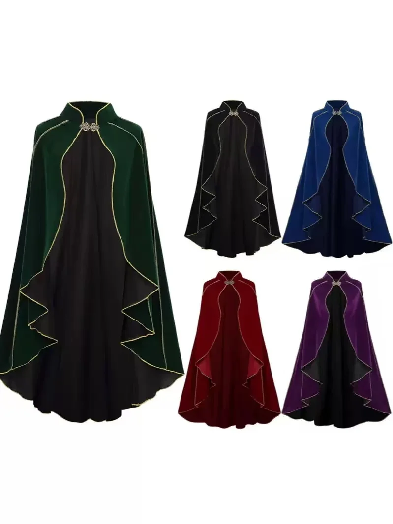 

New Medieval Suede Cloak Vintage Gold Trimmed Halloween Robe Stage Performance Costume in Stock