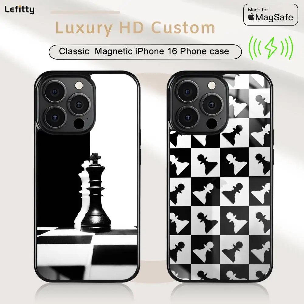 

Black White Chess Squares Phone Case For iPhone 16 15 14 13 12 11 Pro Max Plus Mini Magsafe Charging Cover Magnetic Hard Shell
