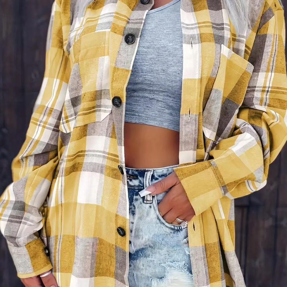 2025 Womens Plaid Shirt Long Sleeve Loose Fit Blouse Casual Button Down Fashion Top Streetwear Style Sun Protection Coat