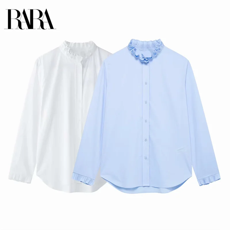 

RARA 2025 Women’s Long Sleeve Button Front Blouse with Ruffled Collar and Cuffs Perfect for Stylish Daily Fashion Wear