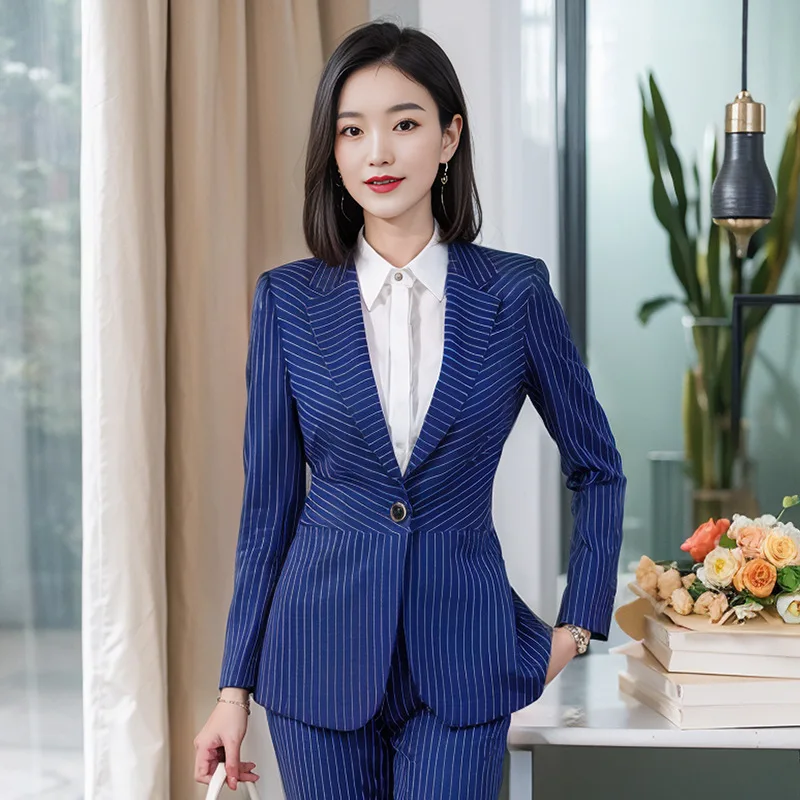 

Spring and Autumn Long Sleeve Striped Professional Women's Business Elegant Small Blazer Formal Slim Fit Fashion Suit