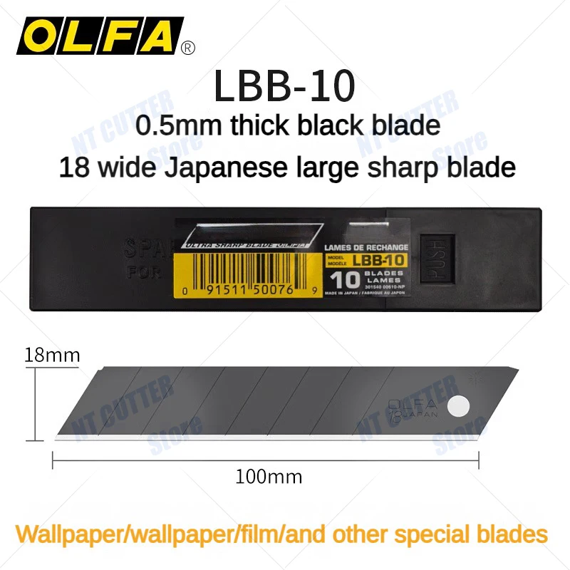 Pack of 10 pieces, original Japanese OLFA LBB-10 18mm large utility blade, heavy-duty super sharp black replacement blade, high-quality SK2 alloy