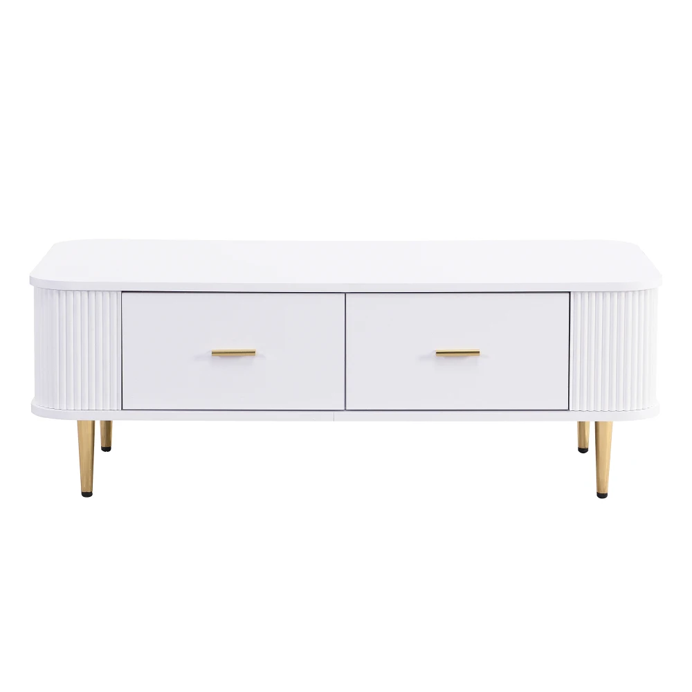 Gebogener Eck-Wohnzimmertisch, goldene Hardware, gewellte Seiten, Doppelfunktions-Couchtisch und Beistelltisch mit Schubladen – Detail 21