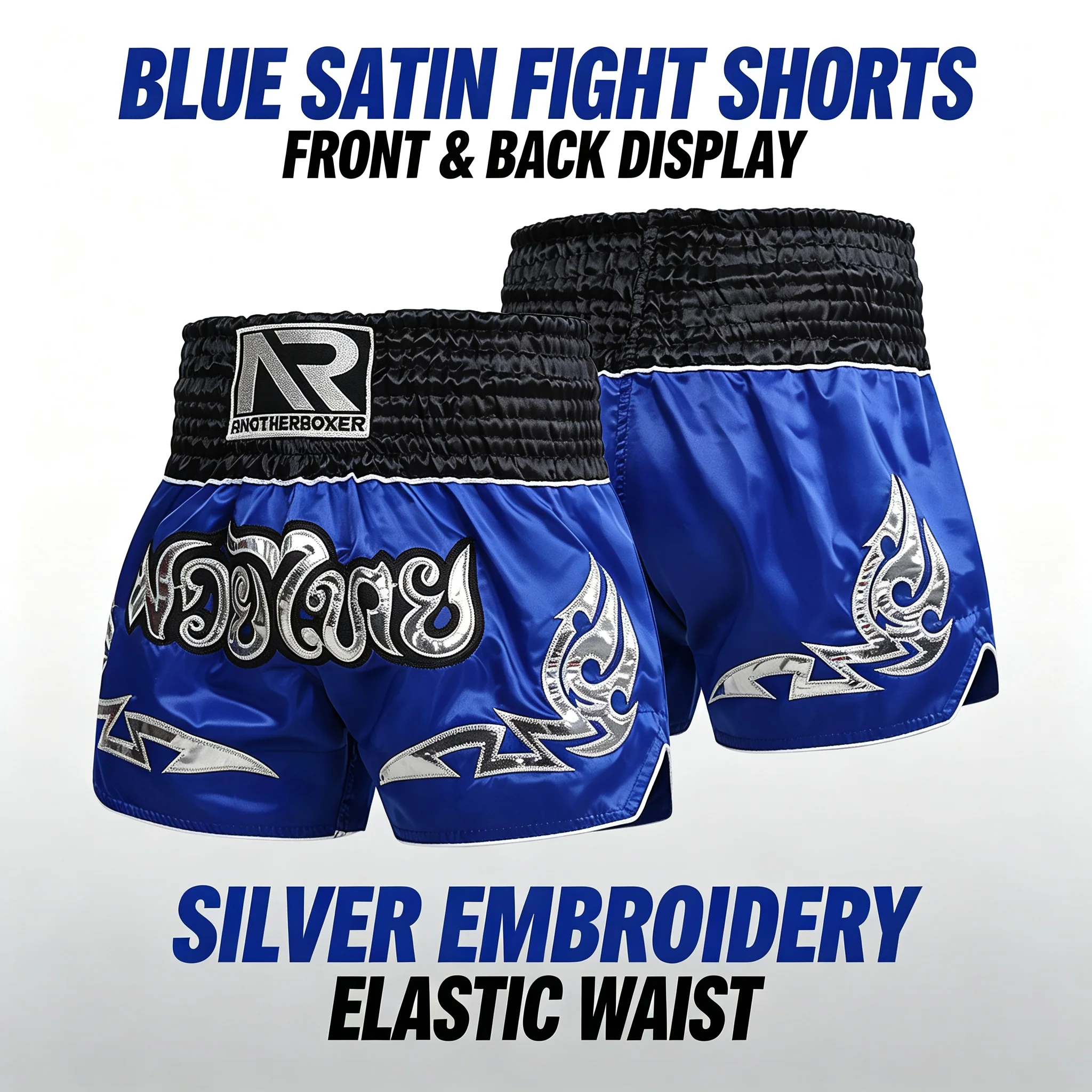 Muay Thai Shorts mit Silberstickerei, Boxhose für Erwachsene und Kinder, professionelle Kickboxhose für Käfigkämpfe, Training und Wettkampf, Blau
