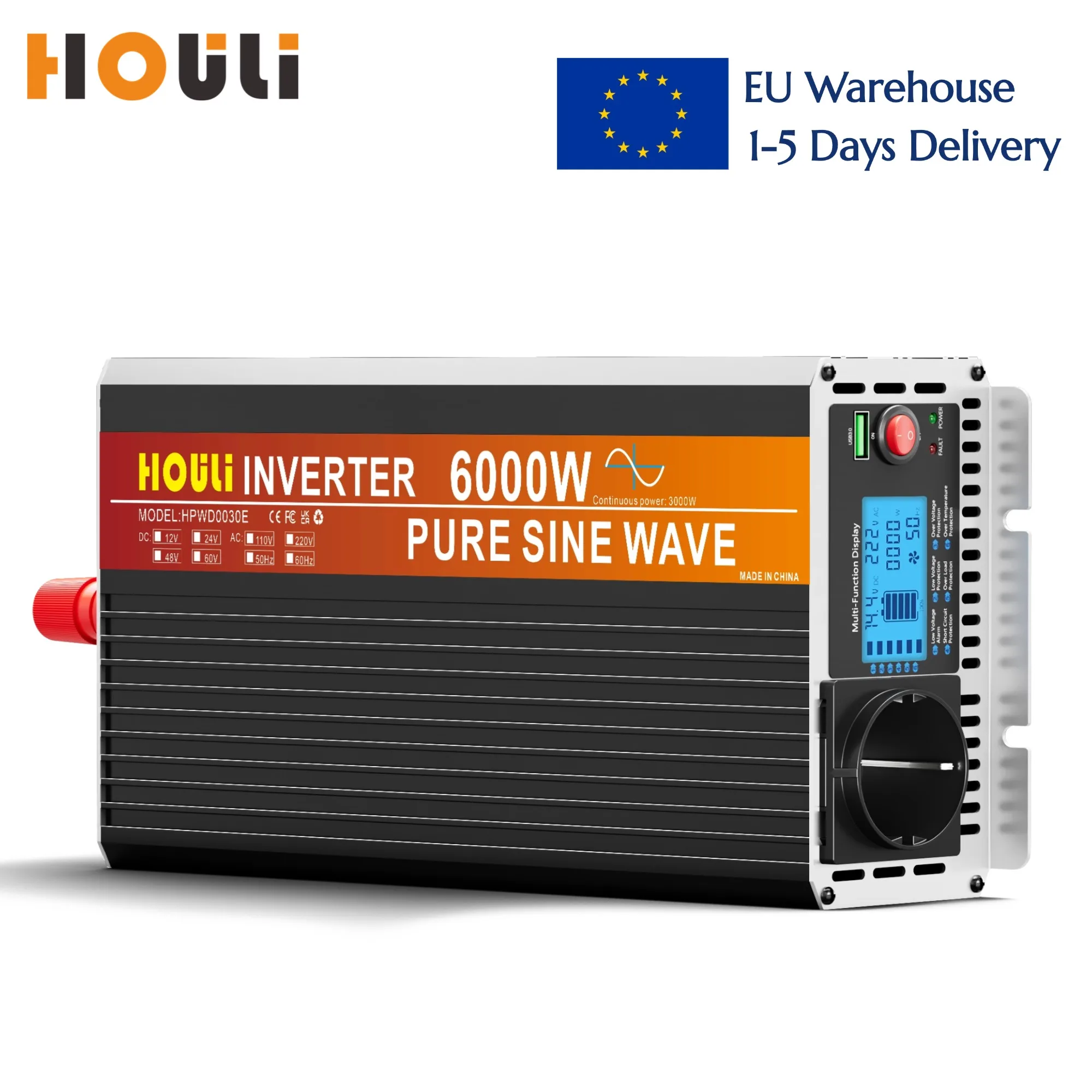 Houli 3000 Watt Pure Sine Wave Power Inverter 12V DC to 220v Converter for Family RV Off Grid Solar System