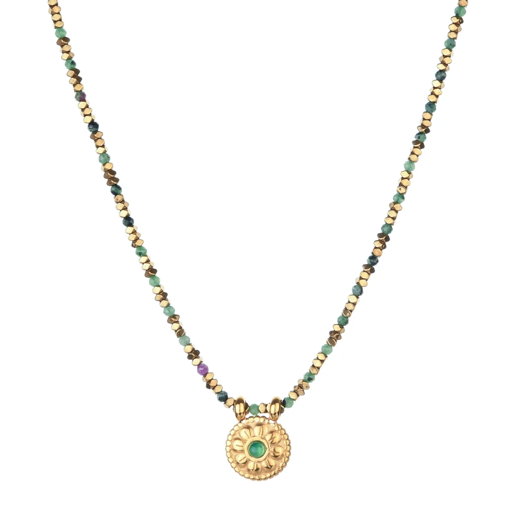 Vintage Türkis-Perlen-Choker-Halskette mit trendigem Sonnenstein-Anhänger, Edelstahl-Halskette, wasserdichter Schmuck für Frauen – Detail 5