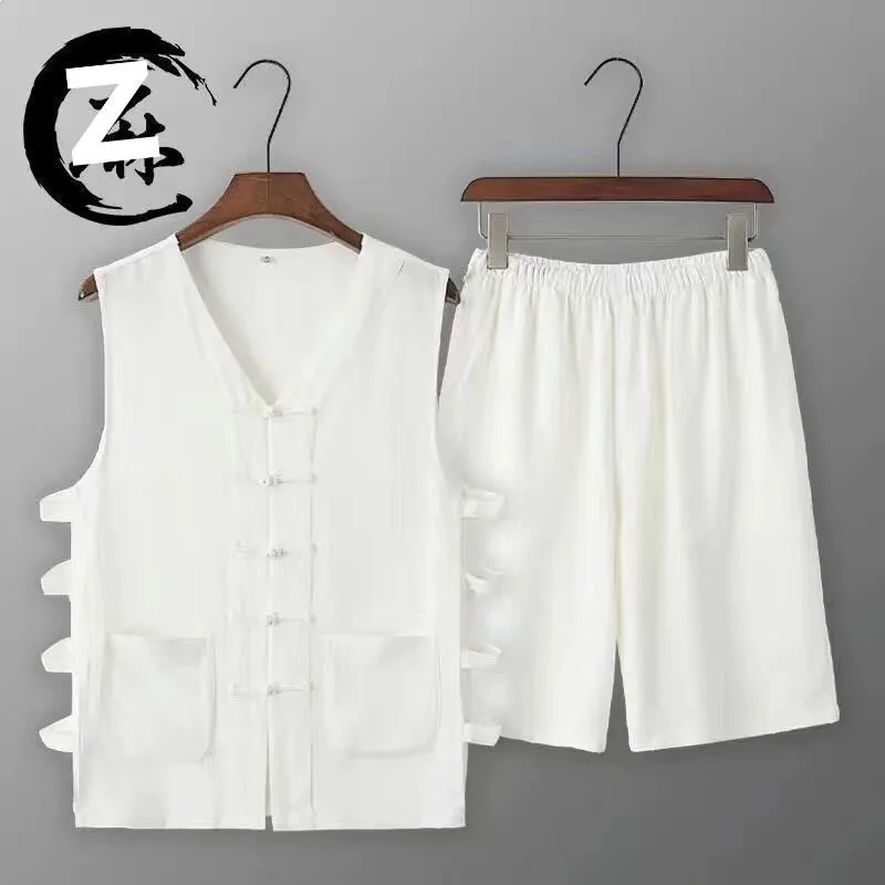 Loose Breathable Thin Men's Tang Suit Vest And Shorts Set Buttoned Retro Coat Casual Summer Clothing Comfortable Sweatshirt