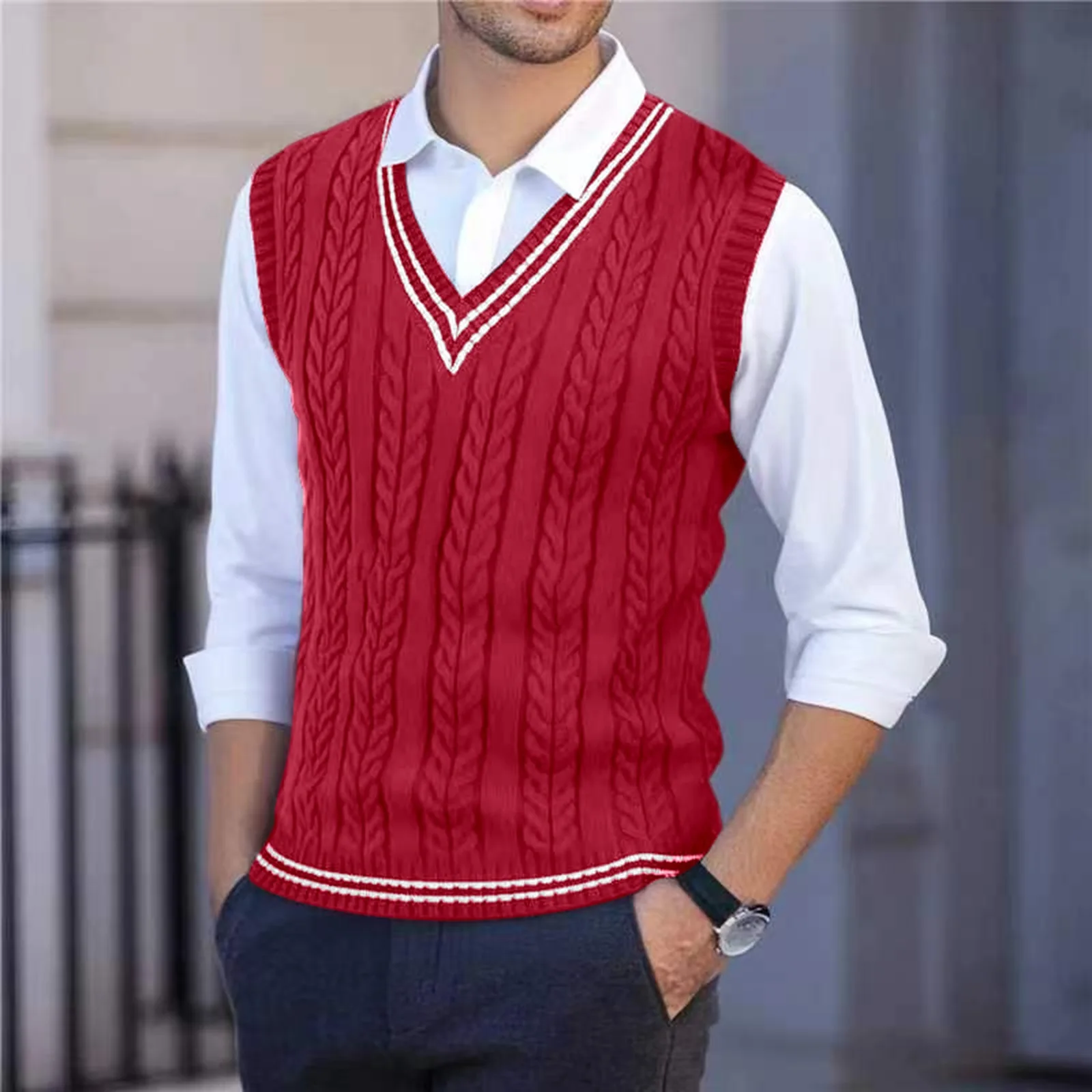 2026 Men's Knitted V-Neck Sweater Vest Color Blocking Stripe Sleeveless Knitwear Pullover Sweaters Men Business Casual Waistcoat view 5