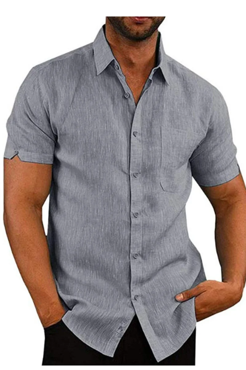 

Классическая мужская рубашка с коротким рукавом из льняной смеси, на пуговицах, с отложным воротником, нагрудным карманом и манжетами на рукавах, идеально подходит для повседневной носки.