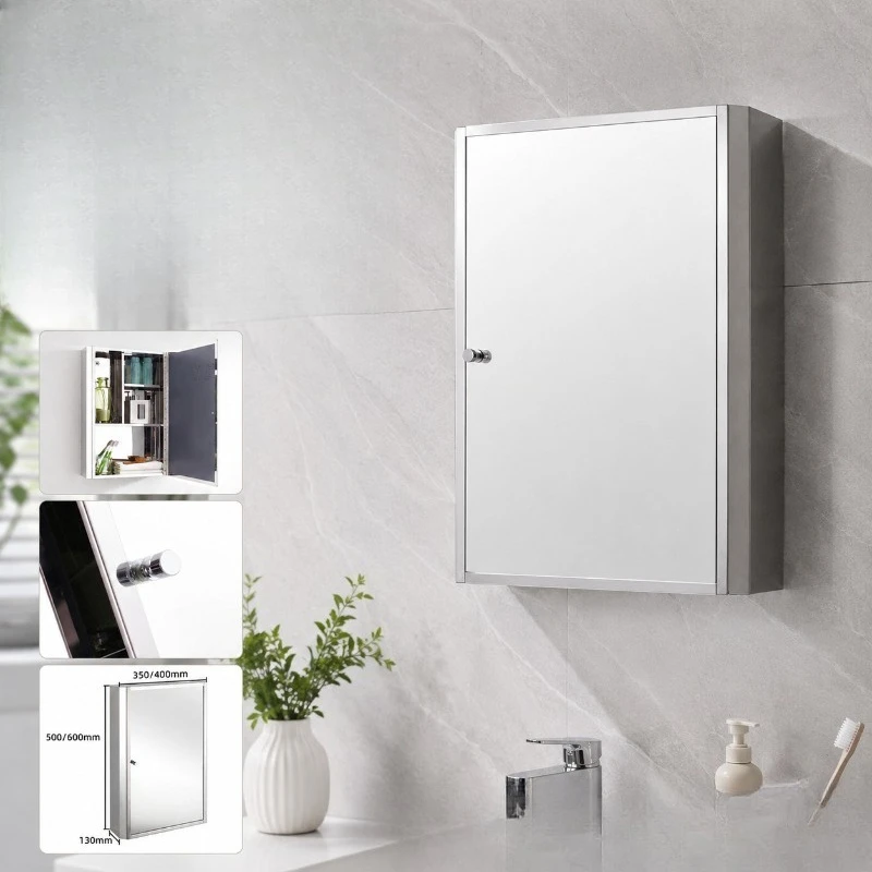 Stainless steel bathroom mirror cabinet Small apartment mirror box  toilet Washing storage Locker Moisture-proof storage