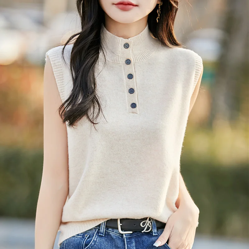 

Basic 100% Merino Wool Sweater Mock Neck Vest Sleeveless Pullover Cashmere Casual Solid Color Comfortable Fashion Clothing Top