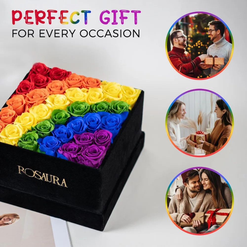 صندوق هدايا من الورود المحفوظة الأبدية مكون من 34 قطعة - زهور حقيقية تدوم إلى الأبد لعيد الحب بألوان قوس قزح #5