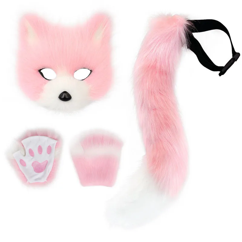 New Halloween Cosplays Costume Accessories Furry Fox Mask Wolf Fox Tail and Paw Gloves Set Theme Party Dress Up Props Kids Gift