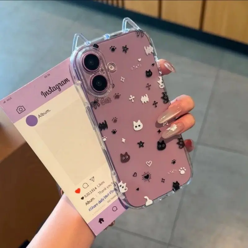Capa de Celular INS com Gato Preto e Estrela de Cinco Pontas para iPhone 17 Pro Max Air 16 15 14 13 12 11 XR XS MAX, Capa Traseira 3D com Orelhas de Gato