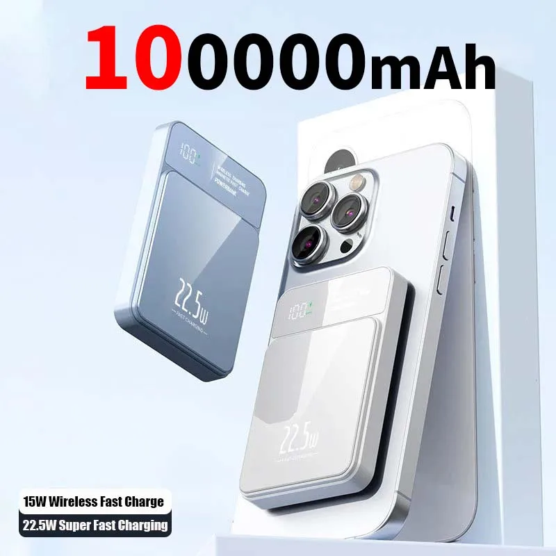 باور بانك بسعة 100000 مللي أمبير في الساعة، باور بانك مغناطيسي لاسلكي 22.5 وات فائق السرعة للشحن لهاتف آيفون 12-17 وسامسونج #1