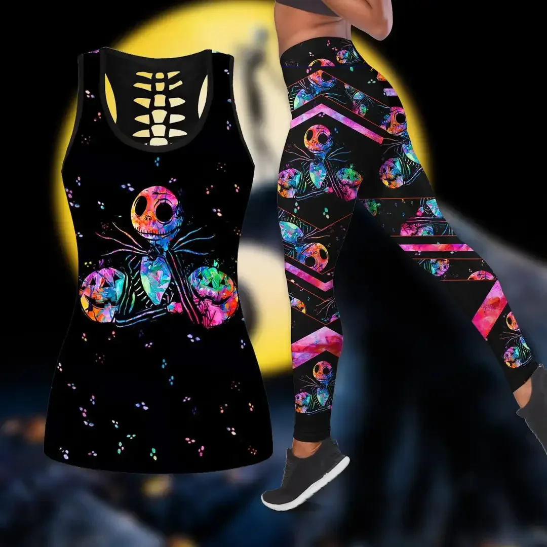 Disney halloween horror noites jack skellington e sally colete oco feminino + leggings terno de yoga fitness leggings terno esportivo
