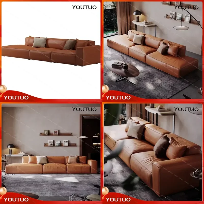 Genuine Leather Top Layer Cowhide Sofa Italian Minimalist Modern Design with Solid Wood Frame Customizable  Living
