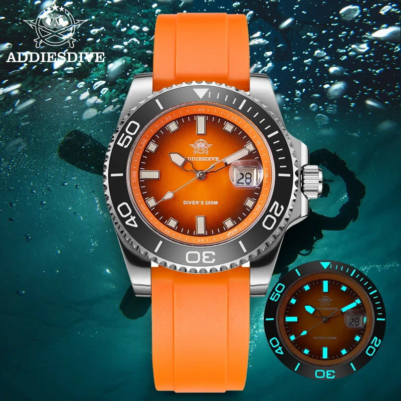 ADDIESDIVE Top Brand NEW Diver Watch For Men Waterproof Luminous Quartz Wristwatch Green/Red/Orange Dial Stainless Steel Watches